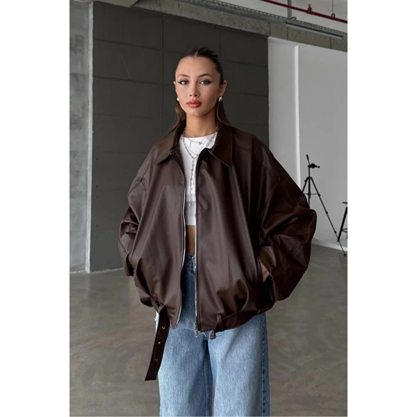 Yeni Sezon Suni Oversize Bomber Deri Ceket