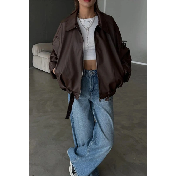 Yeni Sezon Suni Oversize Bomber Deri Ceket