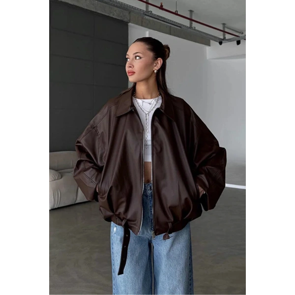 Yeni Sezon Suni Oversize Bomber Deri Ceket