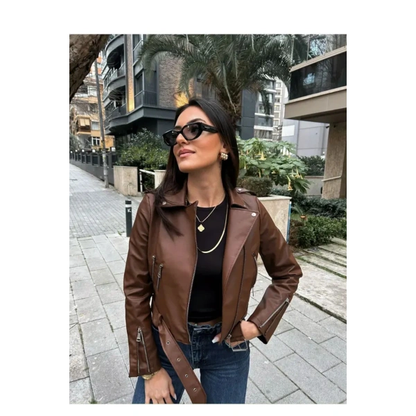 Kadın Kahverengi Suni Deri Ceket