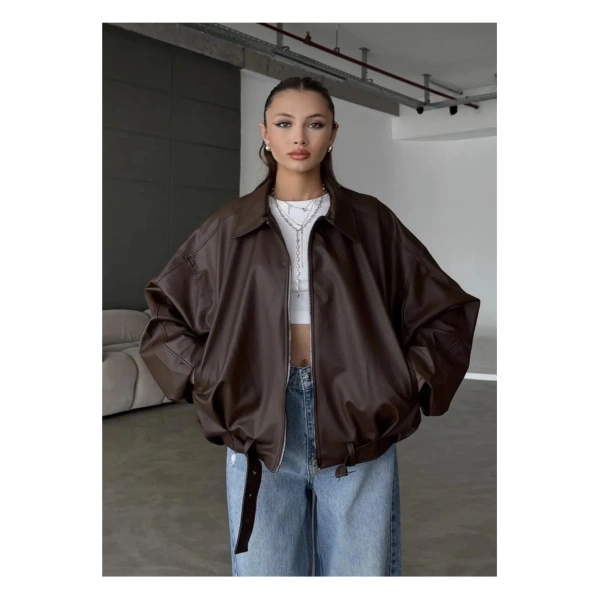 Kadın Oversize Deri Ceket– Oversize Relax Fit, Fermuarlı Kemer Detaylı Günlük Kadın Ceket-kahve