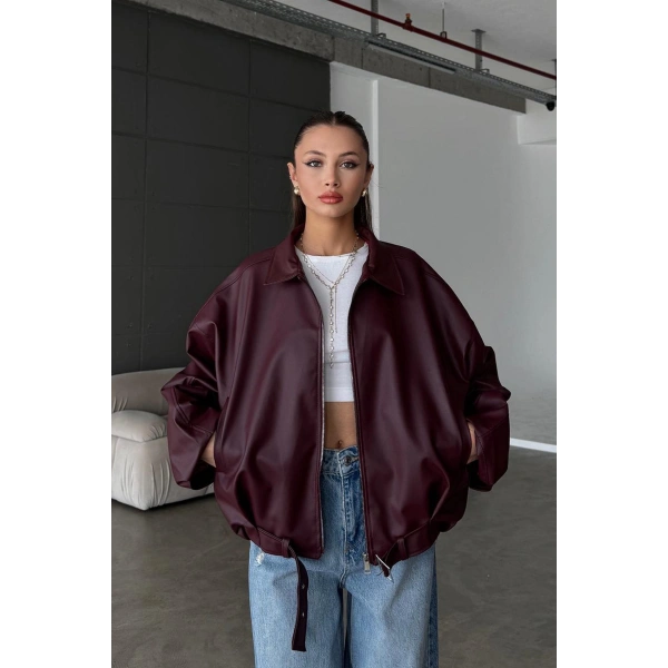 Kadın Oversize Deri Ceket– Oversize Relax Fit, Fermuarlı Kemer Detaylı Günlük Kadın Ceket