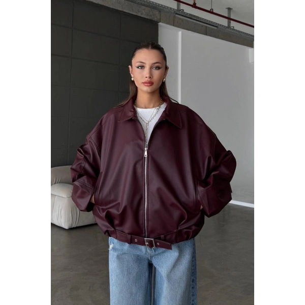 Kadın Oversize Deri Ceket– Oversize Relax Fit, Fermuarlı Kemer Detaylı Günlük Kadın Ceket