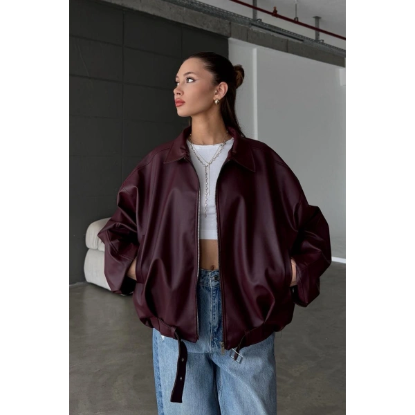 Kadın Oversize Deri Ceket– Oversize Relax Fit, Fermuarlı Kemer Detaylı Günlük Kadın Ceket