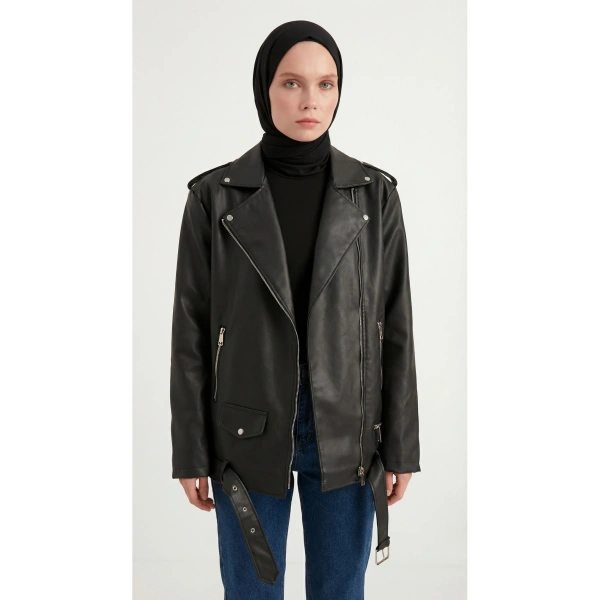 Kadın Oversize Biker Tesettür Deri Ceket