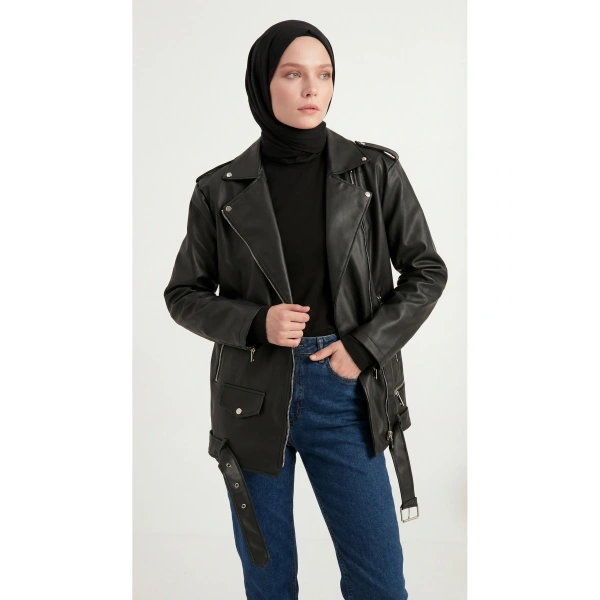 Kadın Oversize Biker Tesettür Deri Ceket