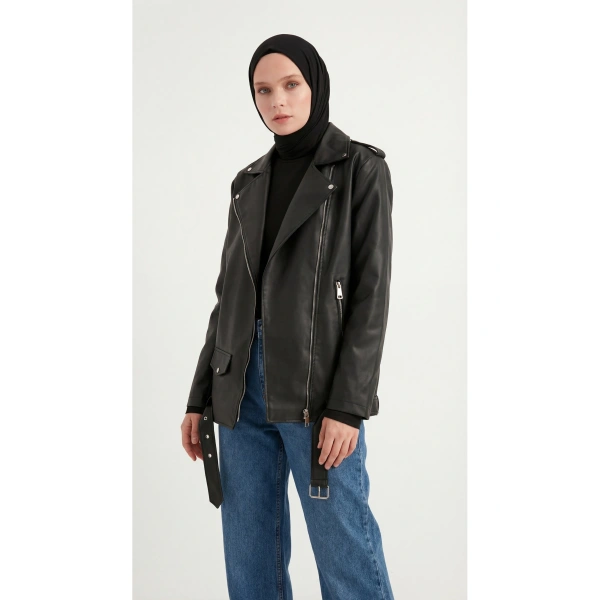 Kadın Oversize Biker Tesettür Deri Ceket