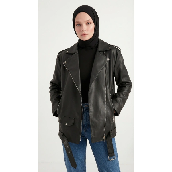 Kadın Oversize Biker Tesettür Deri Ceket