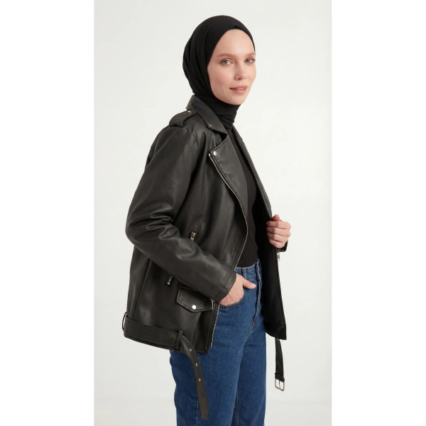 Kadın Oversize Biker Tesettür Deri Ceket