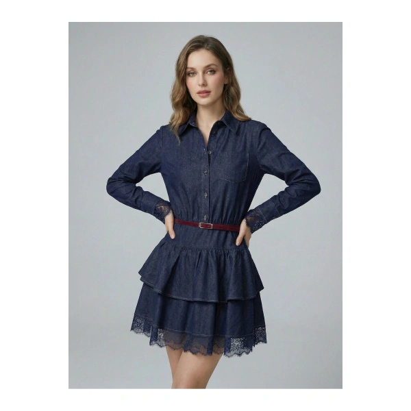Kemerli Gömlek Yaka Dantel Garnili Jean Elbise Romantik Stil Mini Denim Elbise