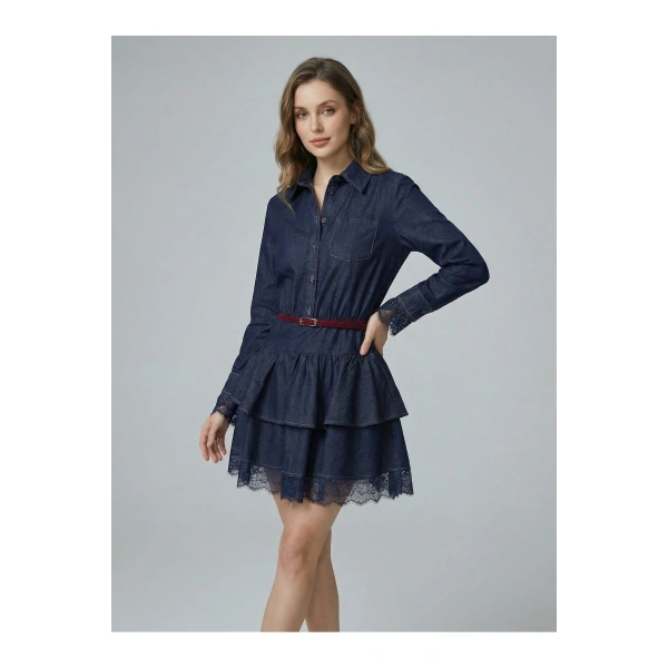Kemerli Gömlek Yaka Dantel Garnili Jean Elbise Romantik Stil Mini Denim Elbise