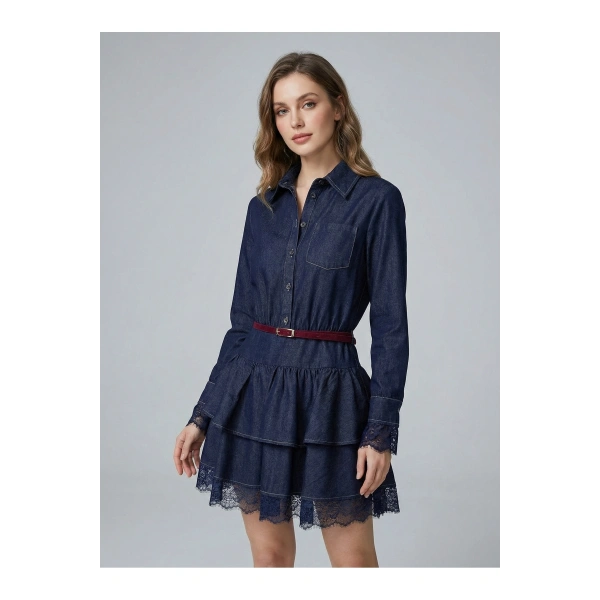 Kemerli Gömlek Yaka Dantel Garnili Jean Elbise Romantik Stil Mini Denim Elbise