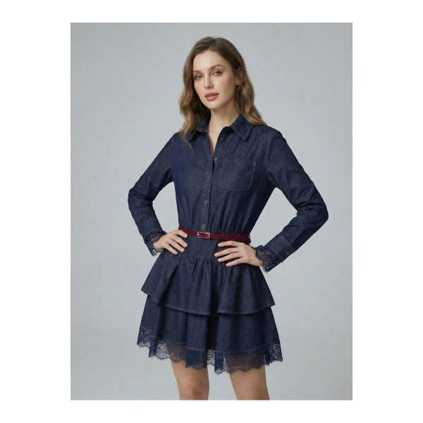 Kemerli Gömlek Yaka Dantel Garnili Jean Elbise Romantik Stil Mini Denim Elbise