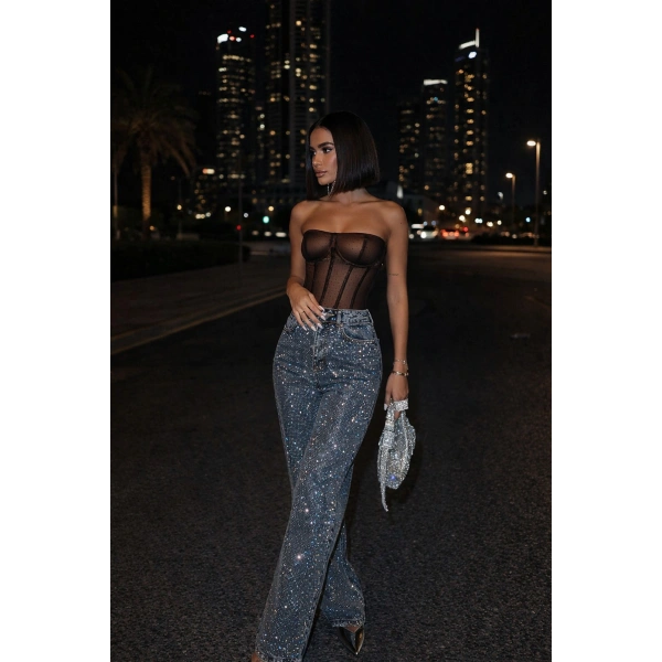 Kadın Taşlı Tasarım Kar Yıkama Mavi Yüksek Bel Trend Palazzo Jean Pantolon