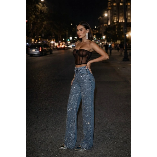 Kadın Taşlı Tasarım Kar Yıkama Mavi Yüksek Bel Trend Palazzo Jean Pantolon