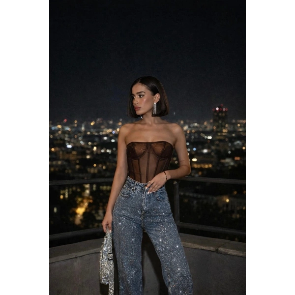 Kadın Taşlı Tasarım Kar Yıkama Mavi Yüksek Bel Trend Palazzo Jean Pantolon