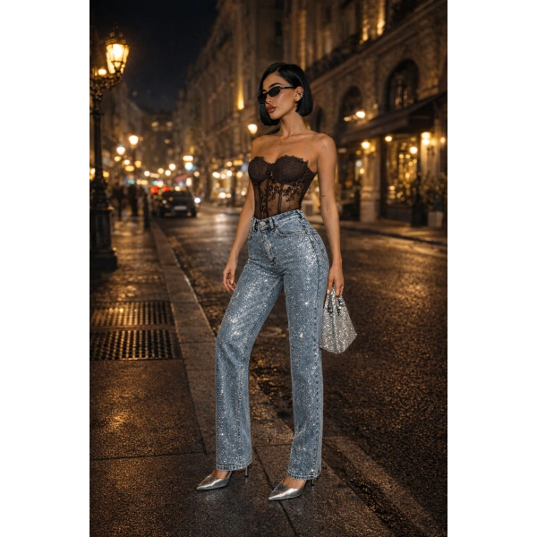 Kadın Taşlı Trend Kar Yıkama Mavi Yüksek Bel Palazzo Tasarım Jean Pantolon