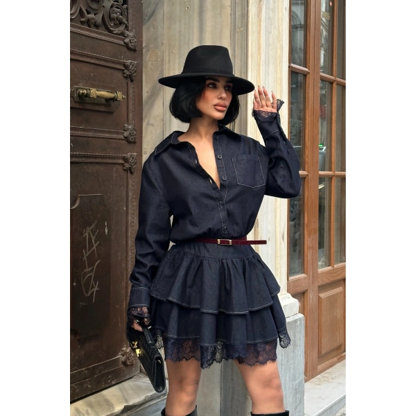 Kadın Lacivert Denim Fırfırlı Mini Elbise