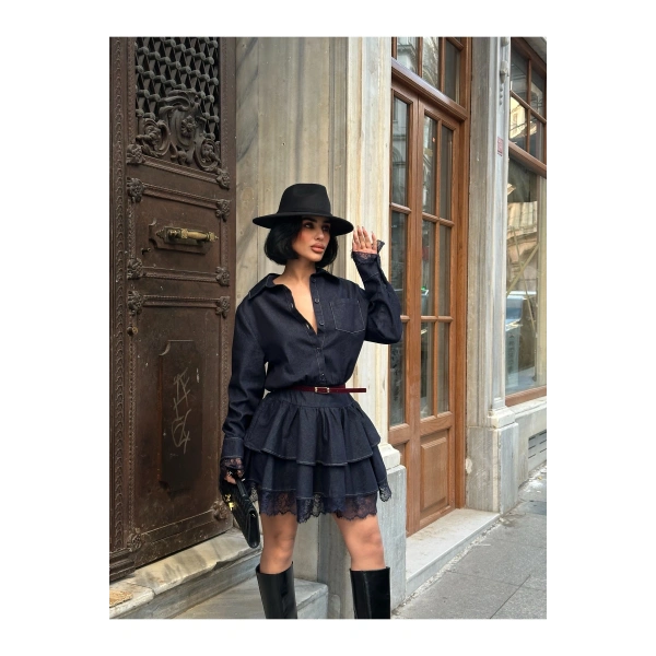 Kadın Lacivert Denim Fırfırlı Mini Elbise