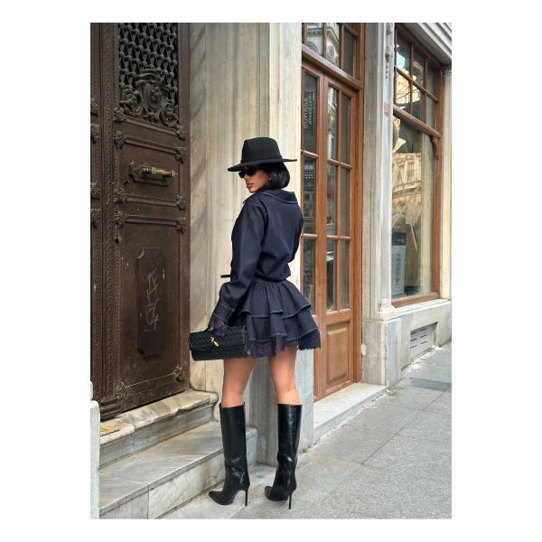 Kadın Lacivert Denim Fırfırlı Mini Elbise