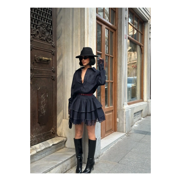Kadın Lacivert Denim Fırfırlı Mini Elbise