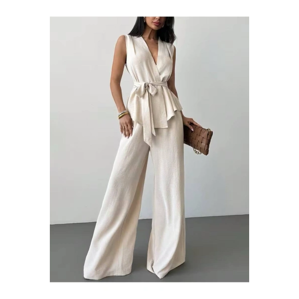 Beli Bağlamalı Kolsuz Ceket ve Yüksek Bel Tencel Pantolon Alt Üst Takım