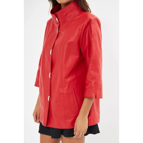 Kadın Hakiki Deri ceket Kırmızı Renk Yarasa Kol Önleri Çıt çıtlı
