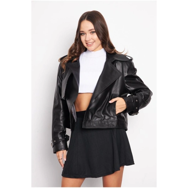 Kadın Siyah Renk Hakiki Deri Ceket Kol Detayı Kemerli Oversize Model