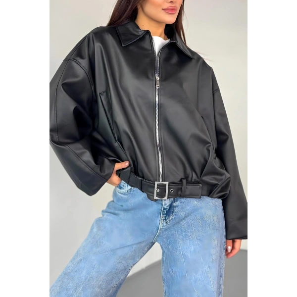 Kadın oversize kemerli fermuarlı siyah deri ceket