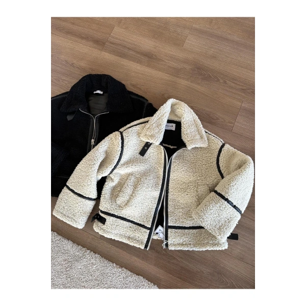 Doly Siyah Şeritli Bej Peluş Ceket