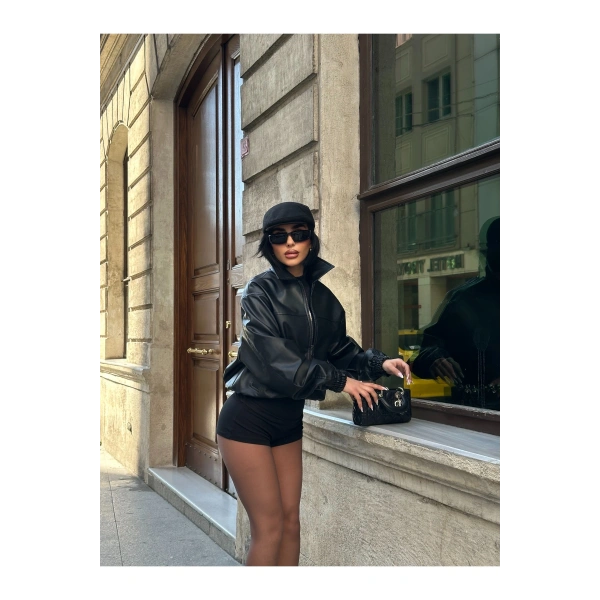 Kadın Yeni Model Dik Yaka Fermuarlı Deri Ceket