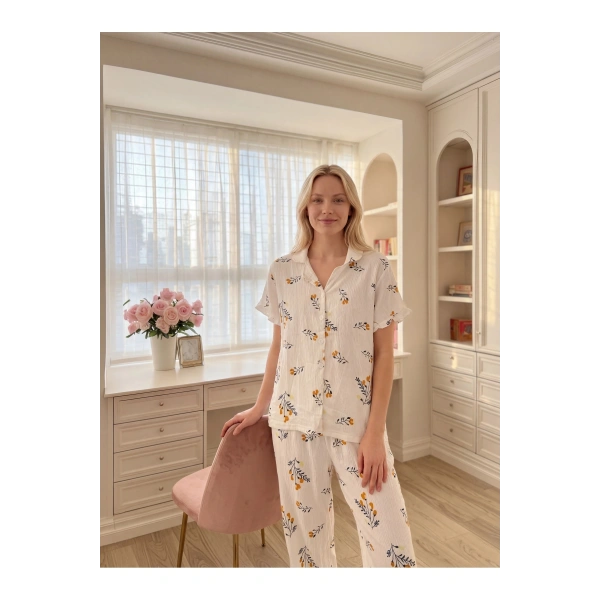 Kadın Çiçek Baskılı Pamuklı Soft Kumaş Düğmeli Pijama Takımı