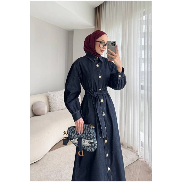 Gold Düğmeli Denim Tesettür Elbise