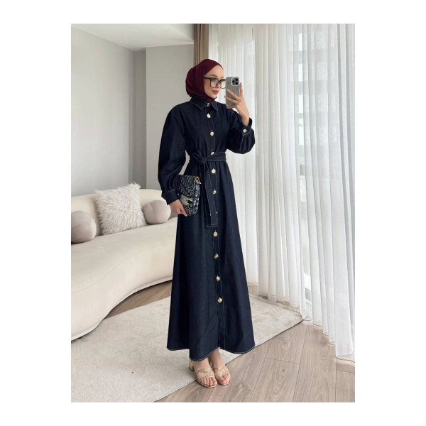 Gold Düğmeli Denim Tesettür Elbise