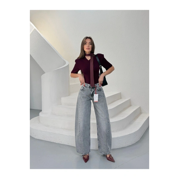 Yüksek Bel Wide Leg Salaş Jean Pantolon - Gri
