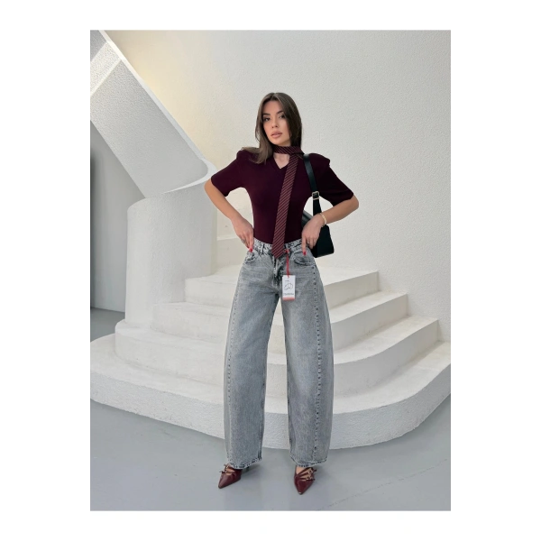 Yüksek Bel Wide Leg Salaş Jean Pantolon - Gri
