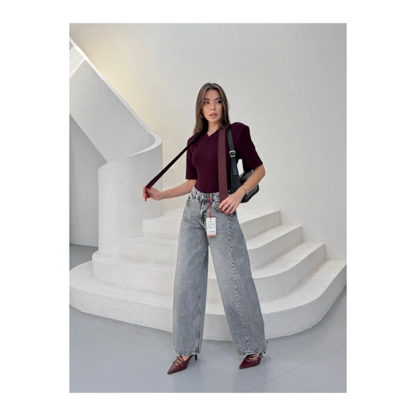 Yüksek Bel Wide Leg Salaş Jean Pantolon - Gri