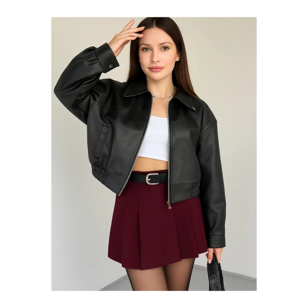 Kadın Yeni Sezon Siyah Oversize Biker Crop Bomber Deri Ceket
