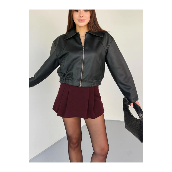 Kadın Yeni Sezon Siyah Oversize Biker Crop Bomber Deri Ceket