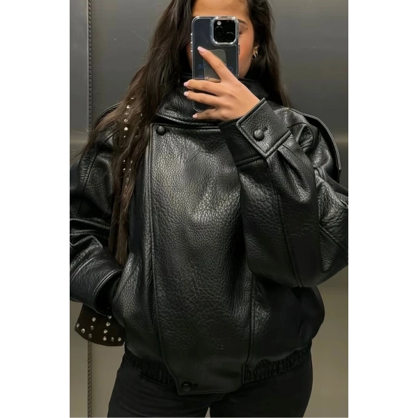 Kadın ZR Model Dik Yaka Fermuarlı Deri Ceket