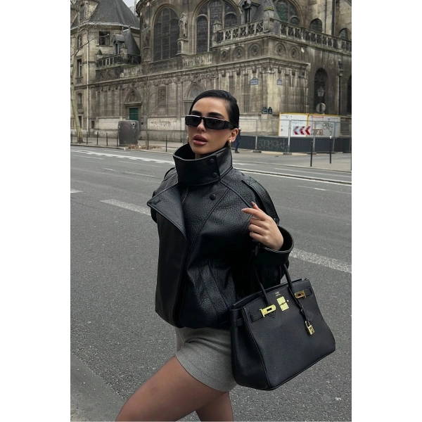 Kadın ZR Model Dik Yaka Fermuarlı Deri Ceket