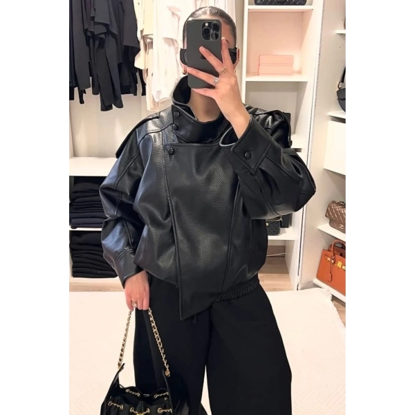Viral Oversize Kadın Deri Ceket Yüksek Yaka Siyah Urban Style Kadın Deri Ceket