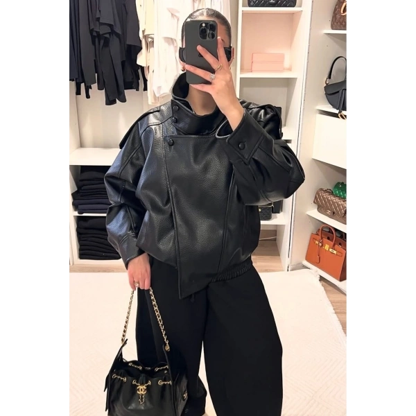 Viral Oversize Kadın Deri Ceket Yüksek Yaka Siyah Urban Style Kadın Deri Ceket