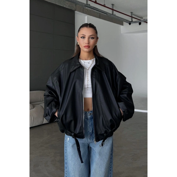 Kadın Oversize Deri Ceket– Oversize Fermuarlı Kemer Detaylı Günlük Kadın Ceket s