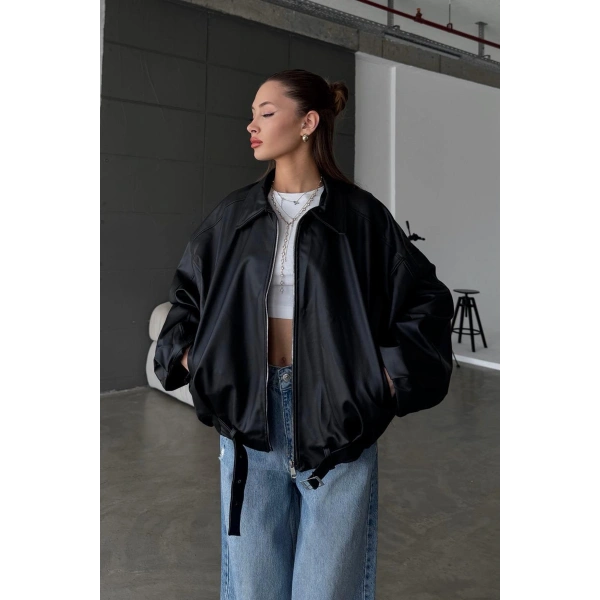 Kadın Oversize Deri Ceket– Oversize Fermuarlı Kemer Detaylı Günlük Kadın Ceket s