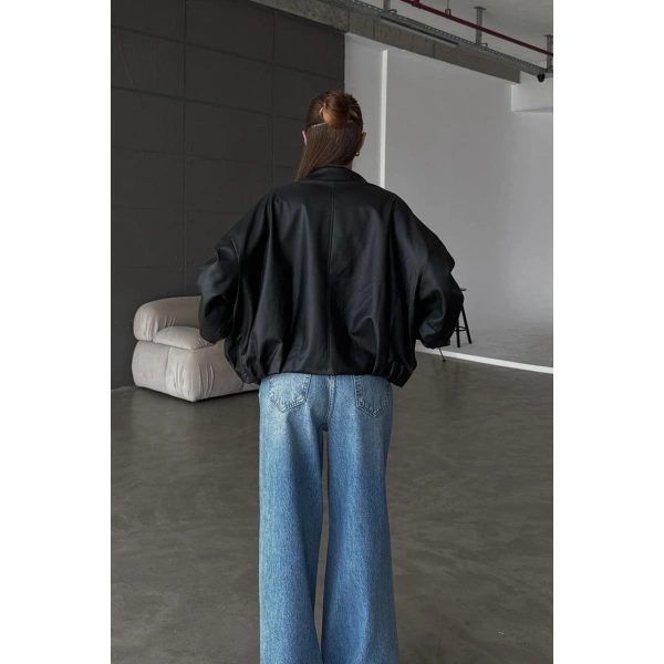 Kadın Oversize Deri Ceket– Oversize Fermuarlı Kemer Detaylı Günlük Kadın Ceket s