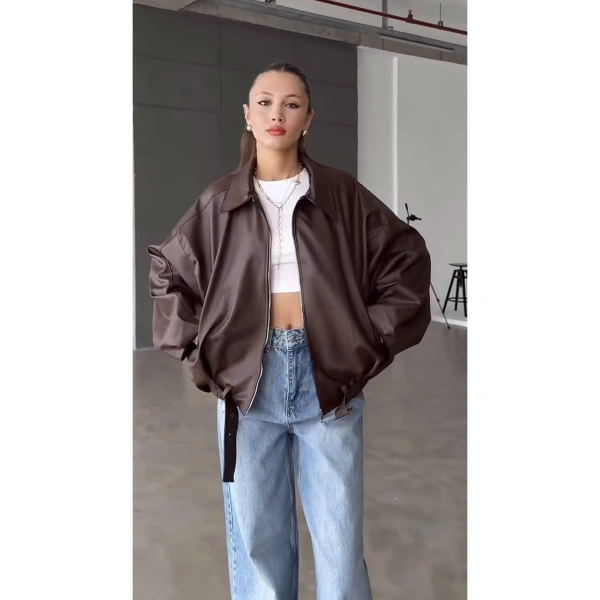 Oversize Kemerli Bomber Deri Ceket