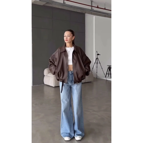 Oversize Kemerli Bomber Deri Ceket