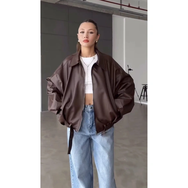 Oversize Kemerli Bomber Deri Ceket