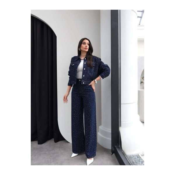 Taş Baskılı Denim İkili Takım